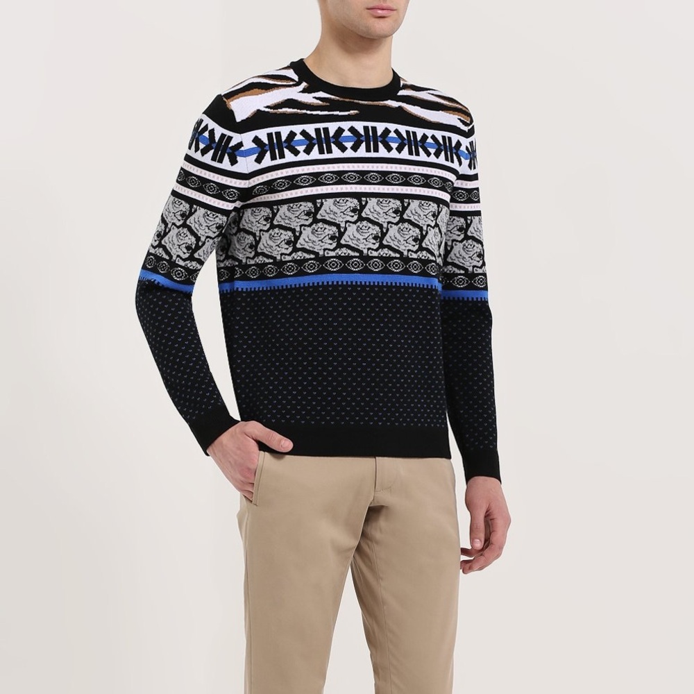 Kenzo Black Tiger Print‎ Wool Sweater Men’s Iconic Crewneck Pullover Size Small